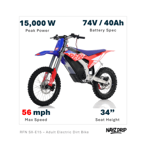 rfn warrior mx e15. red and blue edition. impressive 34" electric dirt bike.