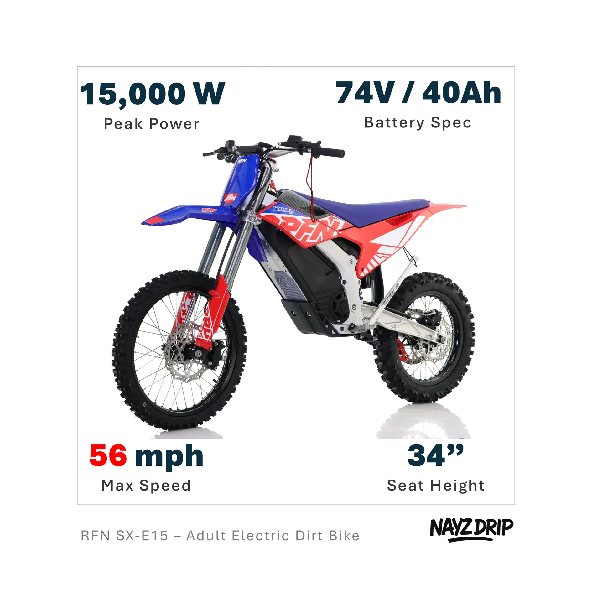 Electric Dirt Bikes Built for Serious Off-Road Riding rfn warrior mx e15. red and blue edition. impressive 34" electric dirt bike.