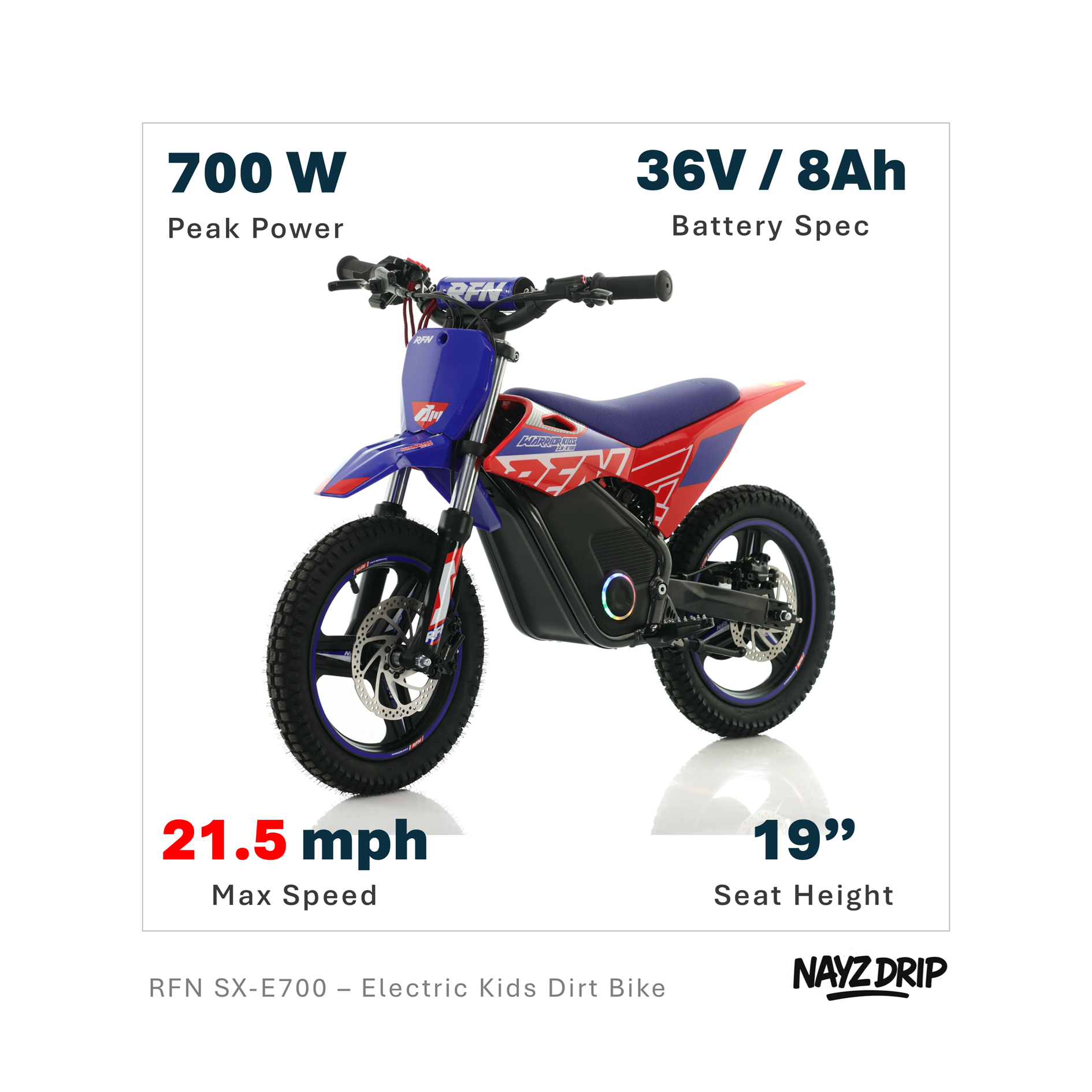 Electric Dirt Bikes Built for Serious Off-Road Riding RFN Warrior SX-E700. cool 19" electric dirt bike. massive 21 mph.