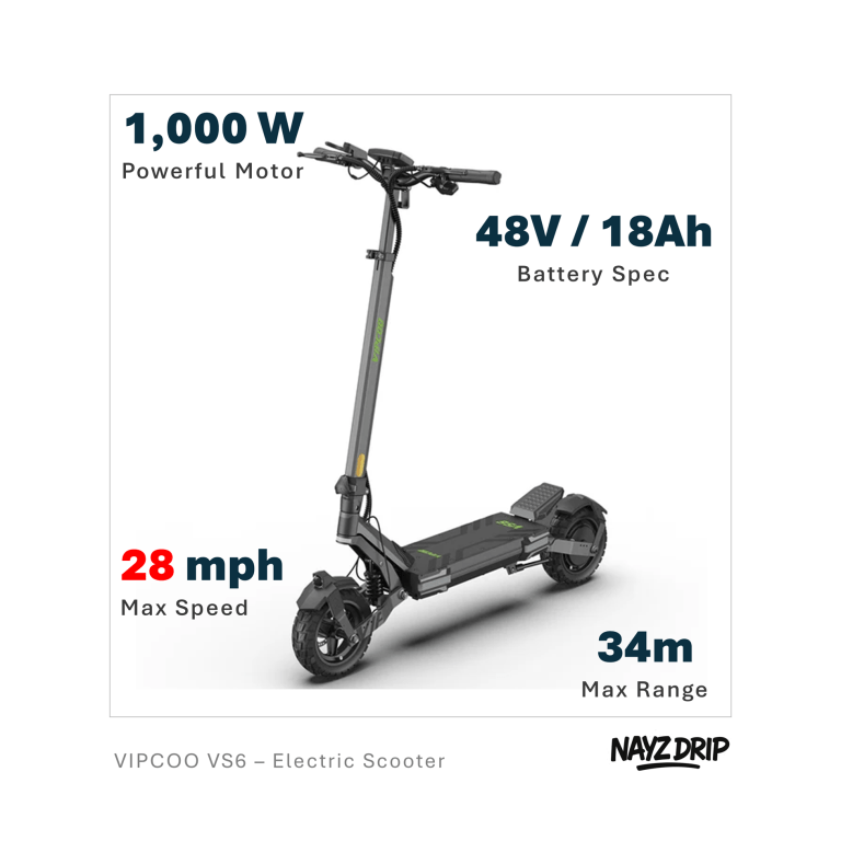 vipcoo vs6 electric scooter. fast 1,000w peak power motor.